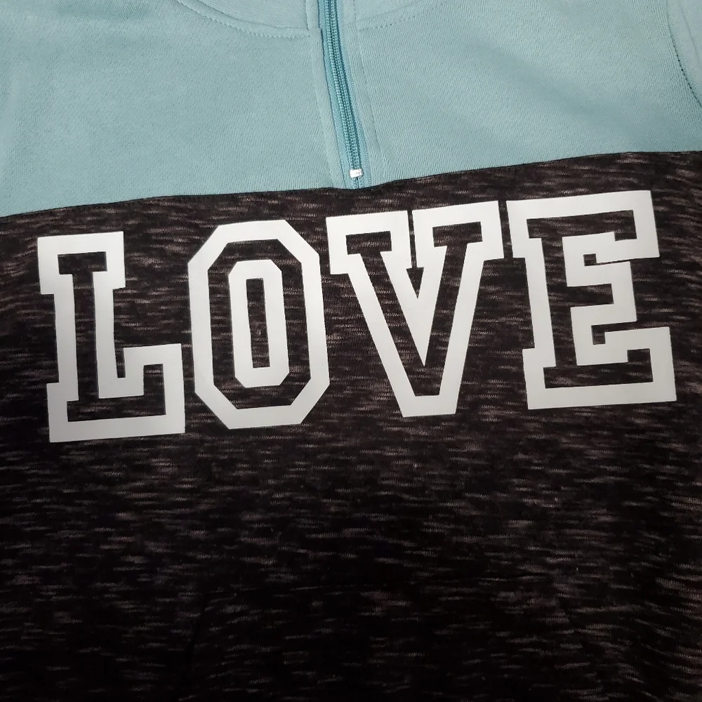 TEAL, WHITE, & BLACK & BROWN BLENDED PULLOVER "LOVE" 1/4 ZIP PULLOVER SWEATSHIRT - Picture 12 of 15